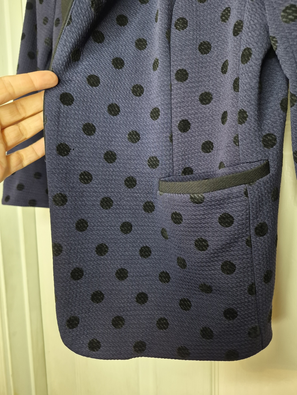 Skies Are Blue Women's Navy With Black Polka Dot Open-Front Blazer Jacket Large - Picture 4 of 10